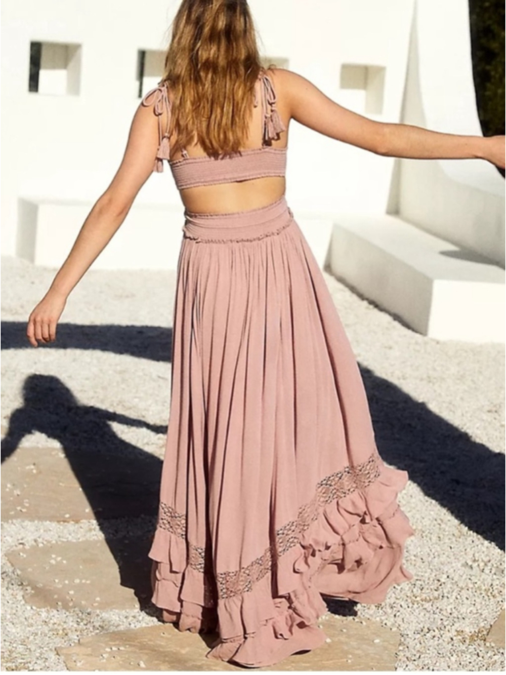 Venus Women’s Beige Tassel Ruffle Lace Smocked Waist Boho Maxi Dress Size Large - Picture 4 of 11